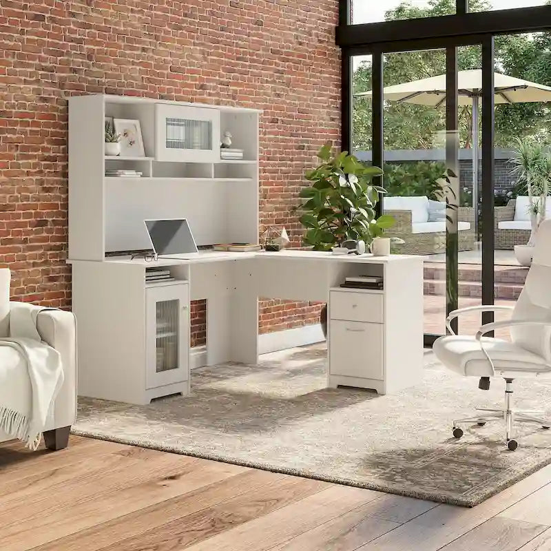 Bureau d'angle 60 po avec huche, armoire de rangement et tiroir classeur