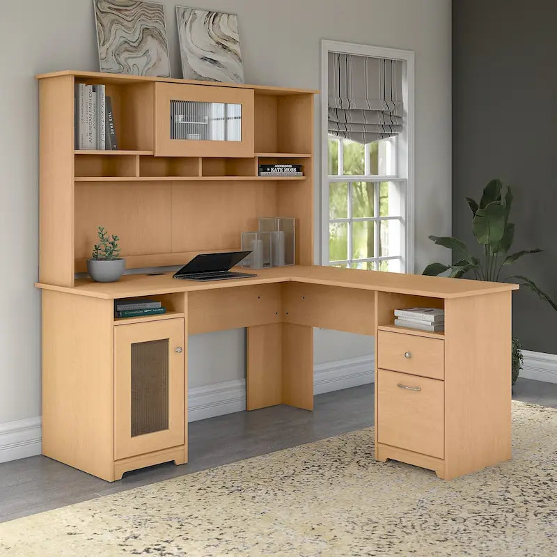 Bureau d'angle 60 po avec huche, armoire de rangement et tiroir classeur