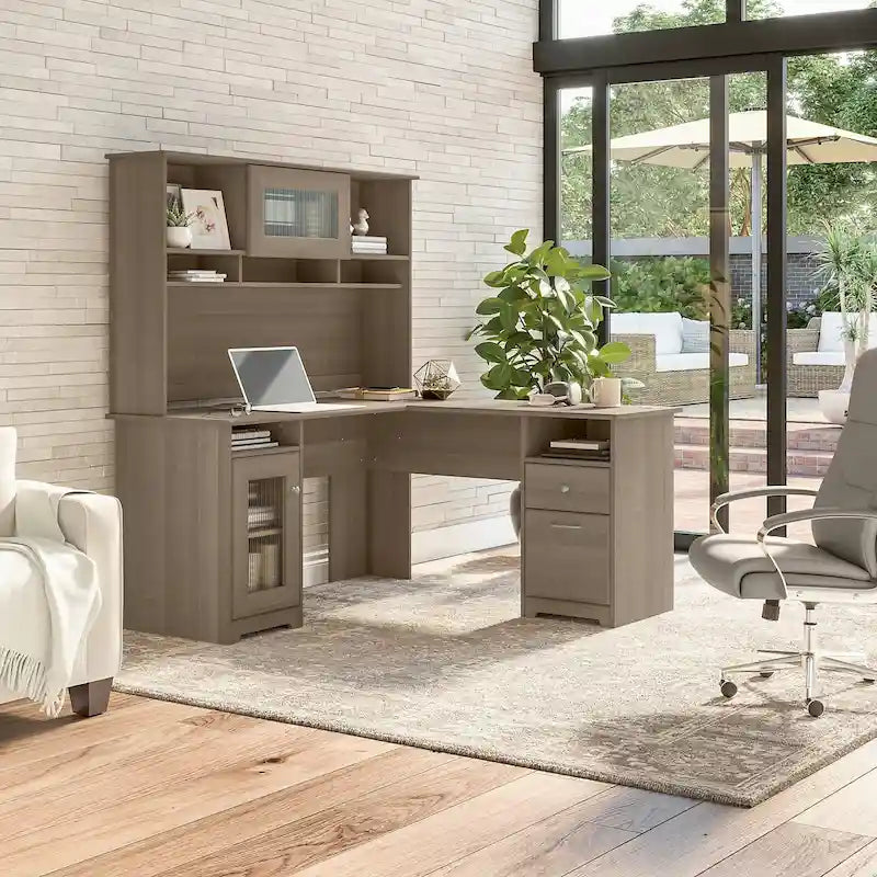 Bureau d'angle 60 po avec huche, armoire de rangement et tiroir classeur