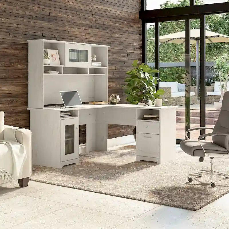 Bureau d'angle 60 po avec huche, armoire de rangement et tiroir classeur