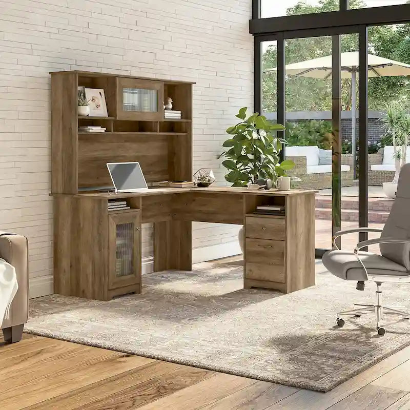 Bureau d'angle 60 po avec huche, armoire de rangement et tiroir classeur
