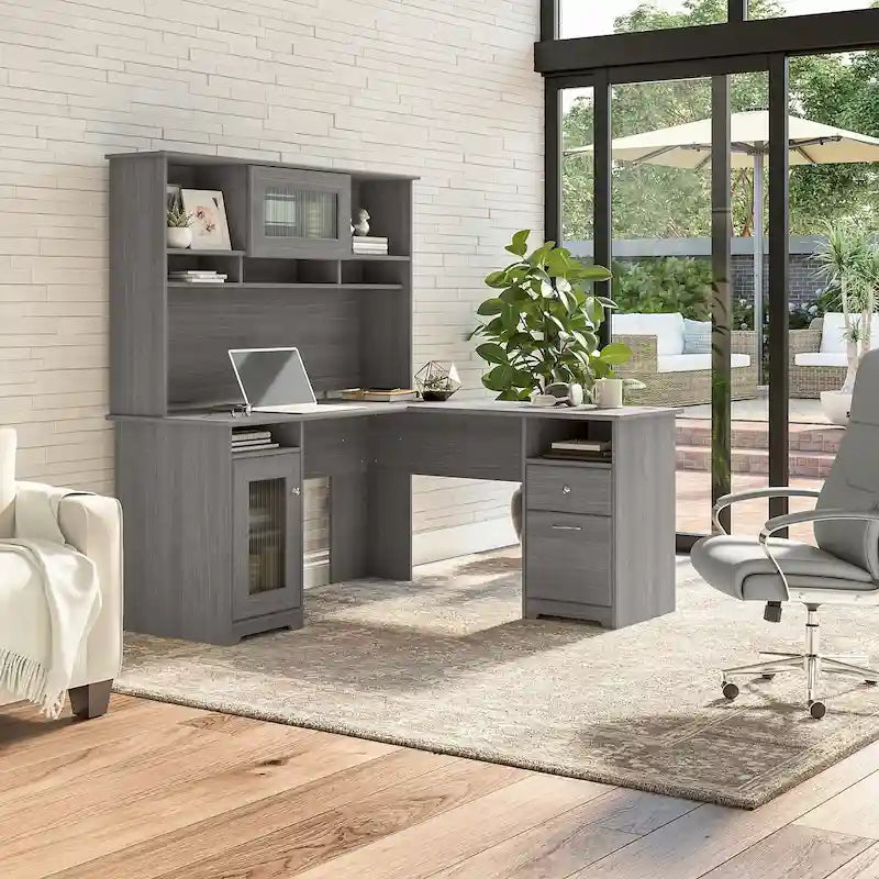 Bureau d'angle 60 po avec huche, armoire de rangement et tiroir classeur