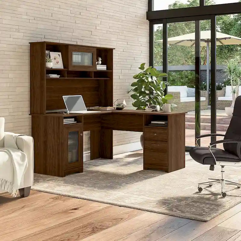 Bureau d'angle 60 po avec huche, armoire de rangement et tiroir classeur