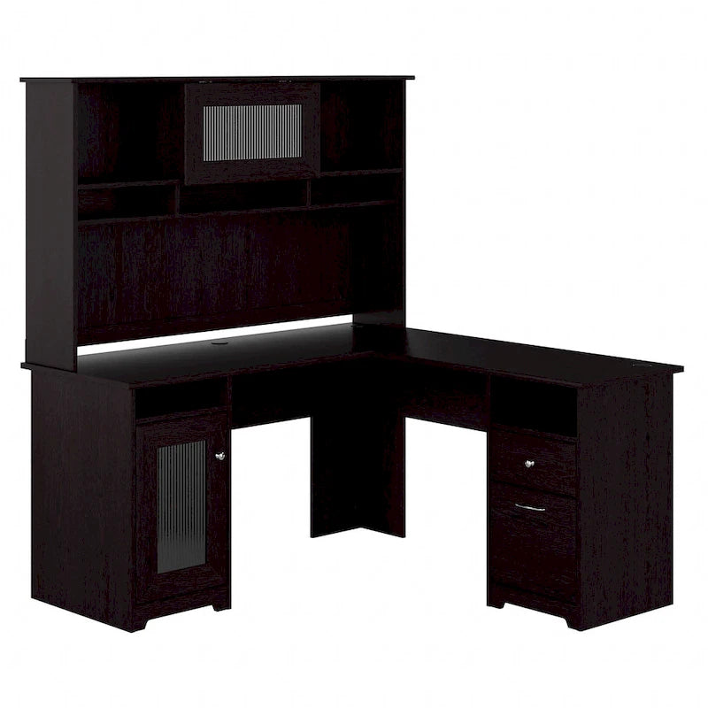 Bureau d'angle 60 po avec huche, armoire de rangement et tiroir classeur