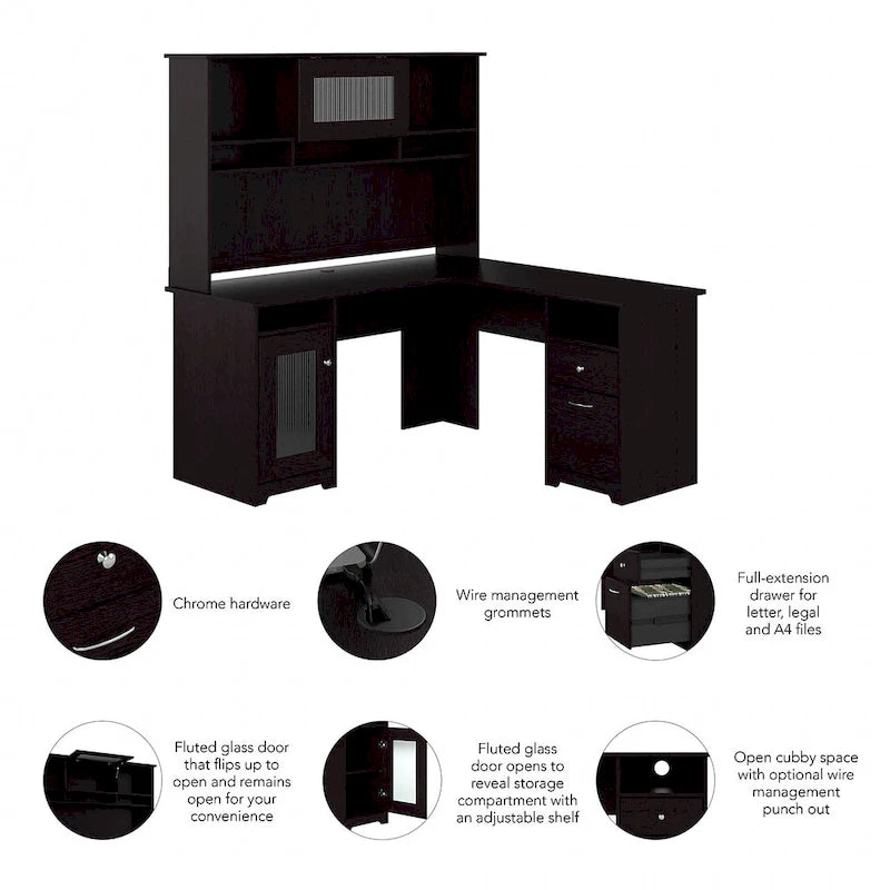 Bureau d'angle 60 po avec huche, armoire de rangement et tiroir classeur