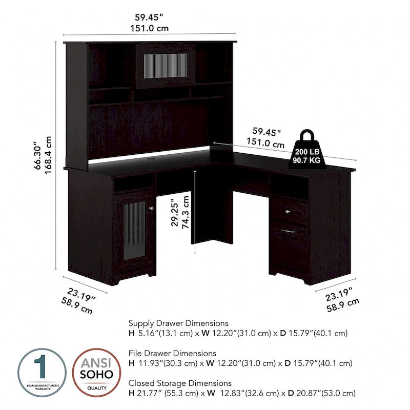 Bureau d'angle 60 po avec huche, armoire de rangement et tiroir classeur