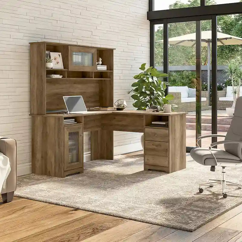 Bureau d'angle 60 po avec huche, armoire de rangement et tiroir classeur
