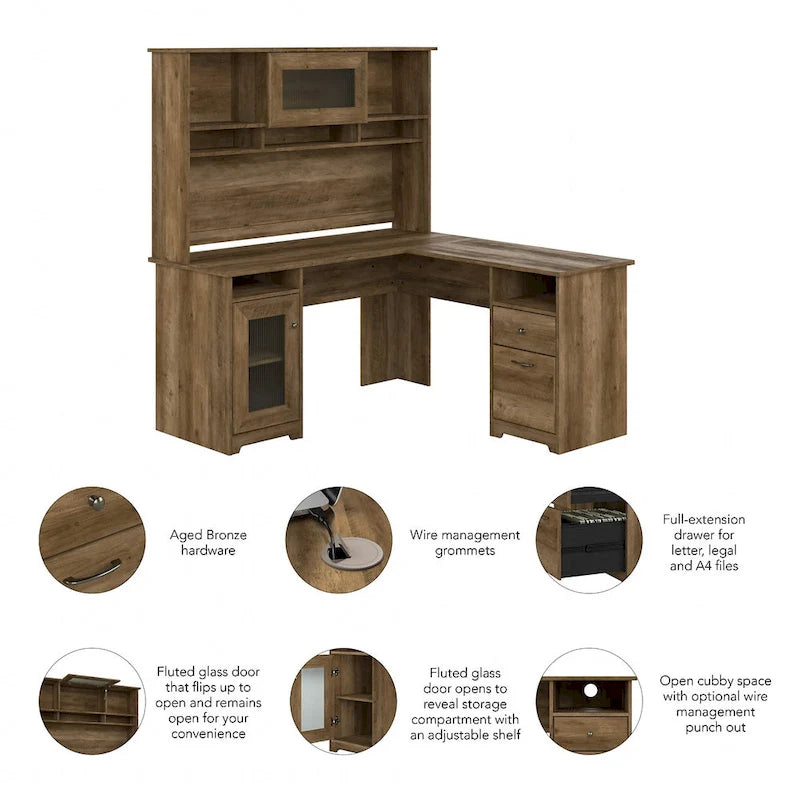 Bureau d'angle 60 po avec huche, armoire de rangement et tiroir classeur