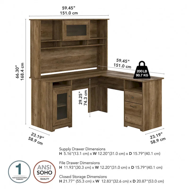 Bureau d'angle 60 po avec huche, armoire de rangement et tiroir classeur