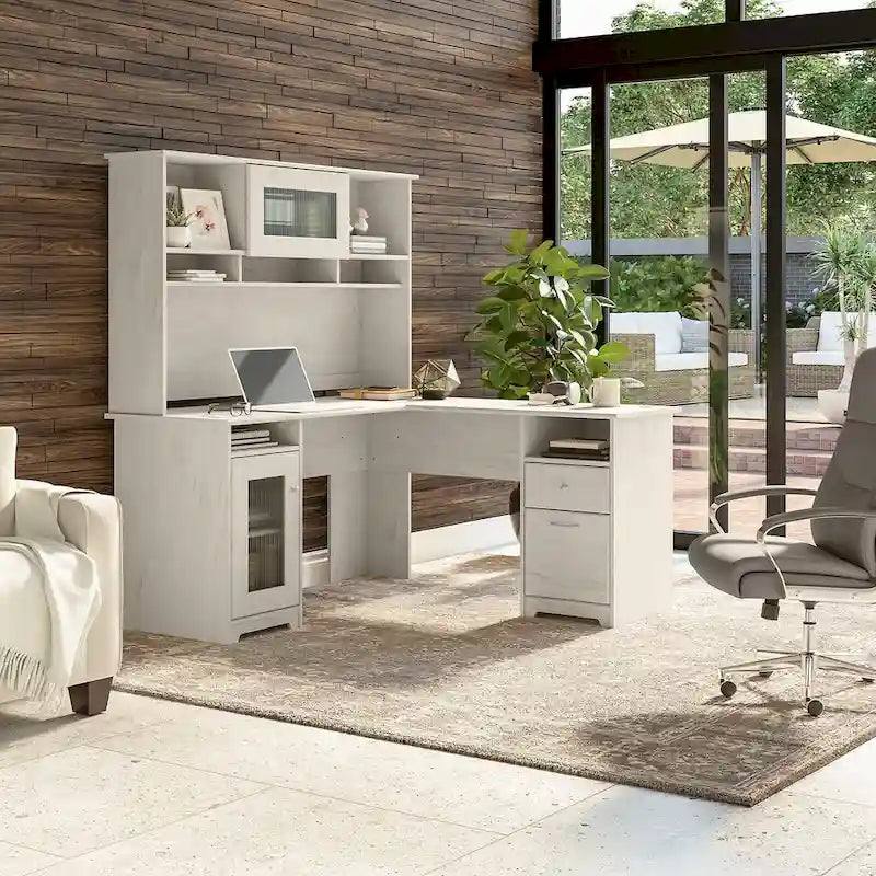 Bureau d'angle 60 po avec huche, armoire de rangement et tiroir classeur