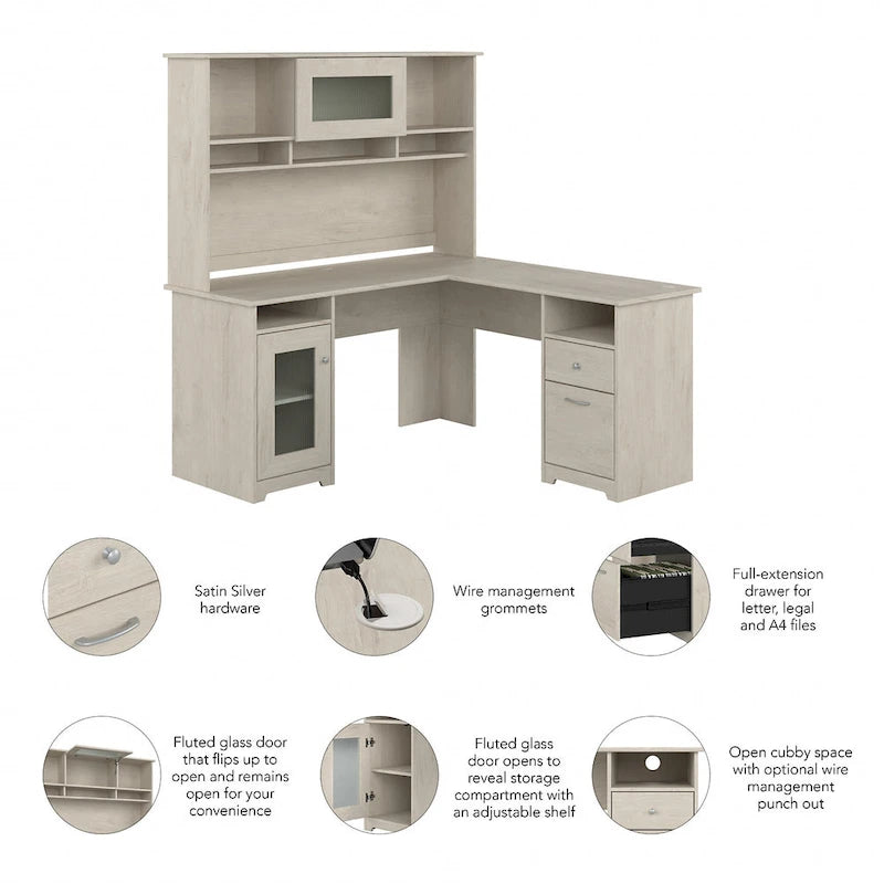 Bureau d'angle 60 po avec huche, armoire de rangement et tiroir classeur
