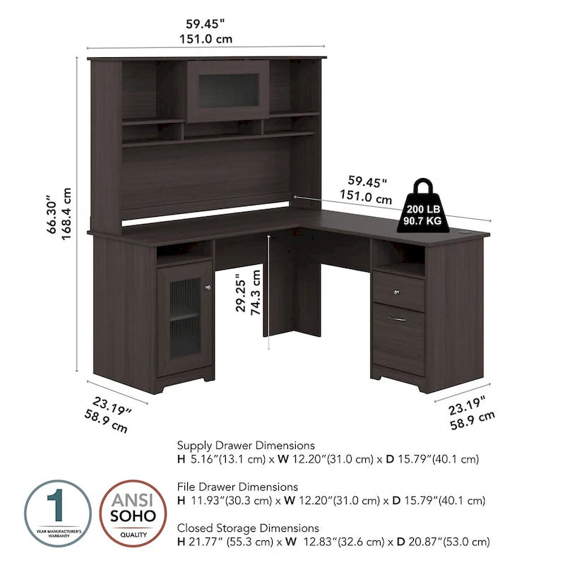 Bureau d'angle 60 po avec huche, armoire de rangement et tiroir classeur