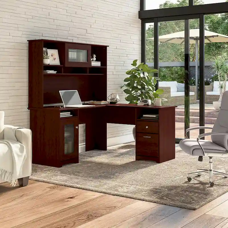 Bureau d'angle 60 po avec huche, armoire de rangement et tiroir classeur
