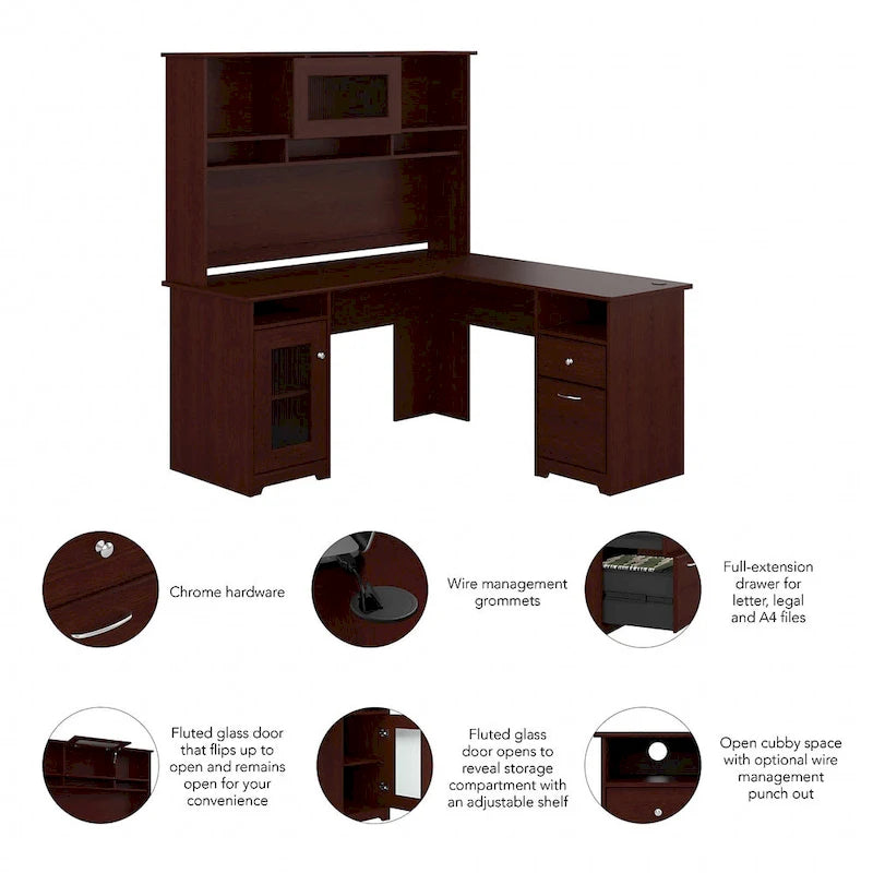 Bureau d'angle 60 po avec huche, armoire de rangement et tiroir classeur