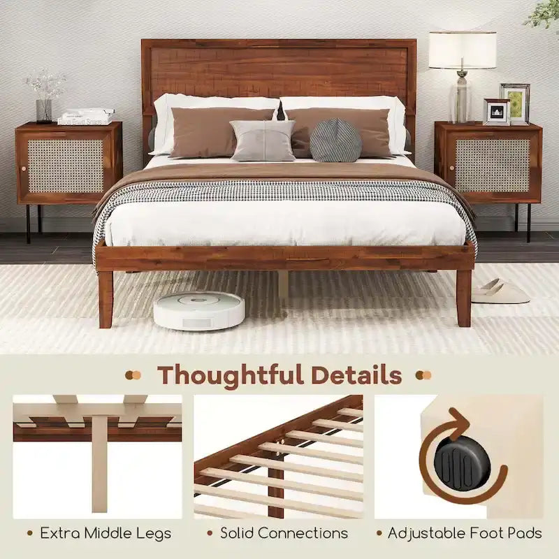 Cadre de lit plateforme rustique en bois massif avec tête de lit haute et rangement sous le lit