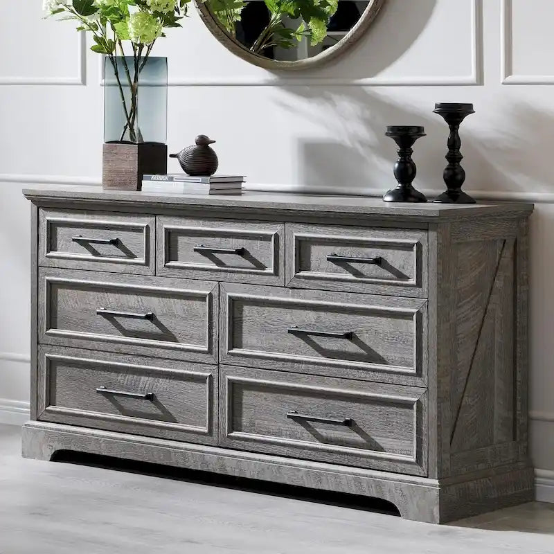 Commode à 7 tiroirs et meuble TV style ferme – Meuble de rangement rustique en grain de bois