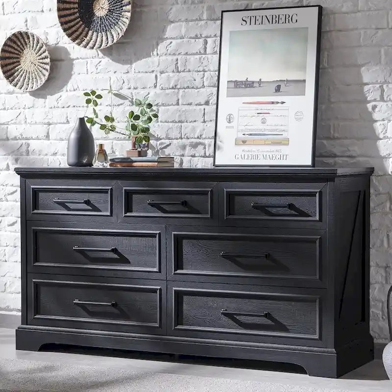 Commode à 7 tiroirs et meuble TV style ferme – Meuble de rangement rustique en grain de bois