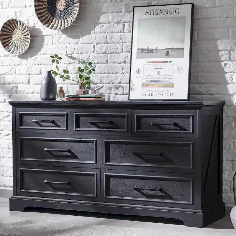 Commode à 7 tiroirs et meuble TV style ferme – Meuble de rangement rustique en grain de bois
