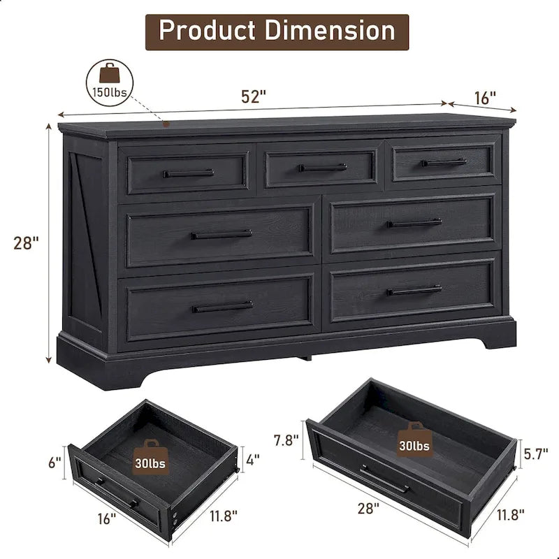 Commode à 7 tiroirs et meuble TV style ferme – Meuble de rangement rustique en grain de bois