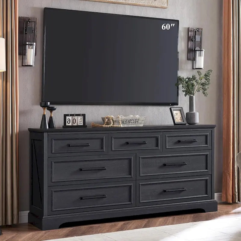 Commode à 7 tiroirs et meuble TV style ferme – Meuble de rangement rustique en grain de bois
