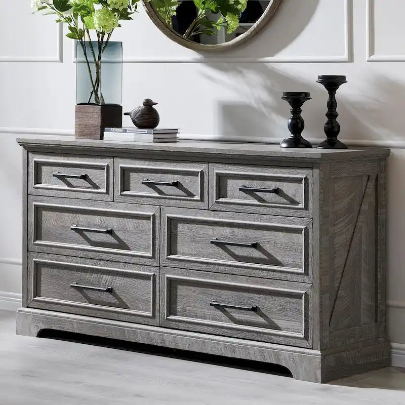 Commode à 7 tiroirs et meuble TV style ferme – Meuble de rangement rustique en grain de bois