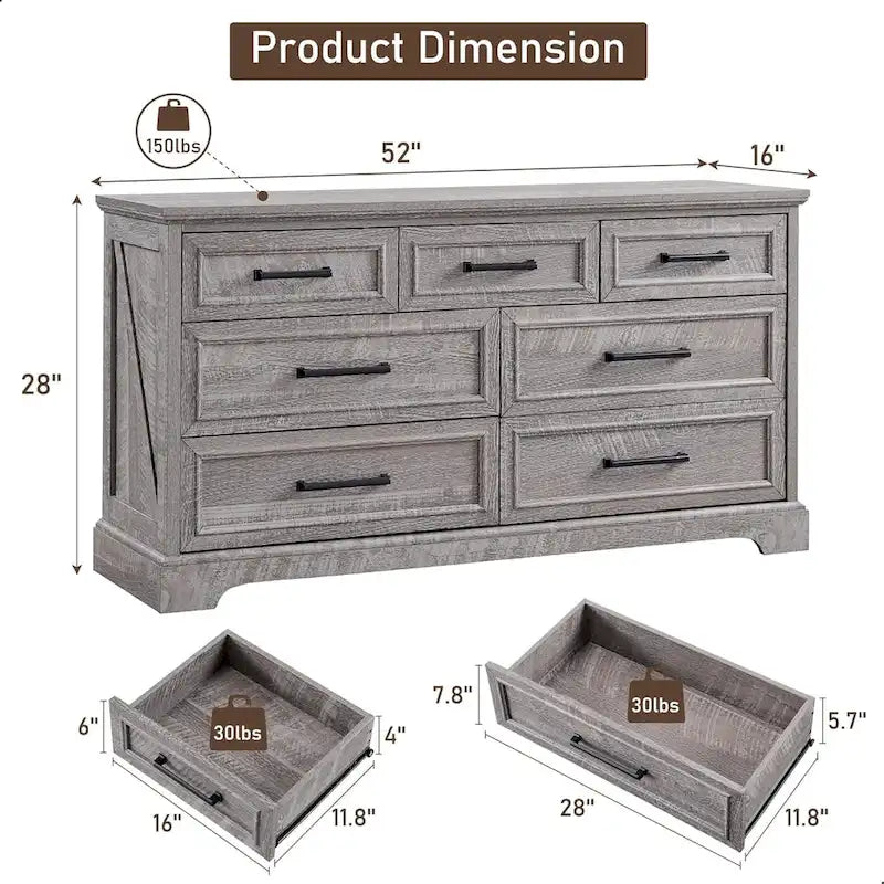 Commode à 7 tiroirs et meuble TV style ferme – Meuble de rangement rustique en grain de bois