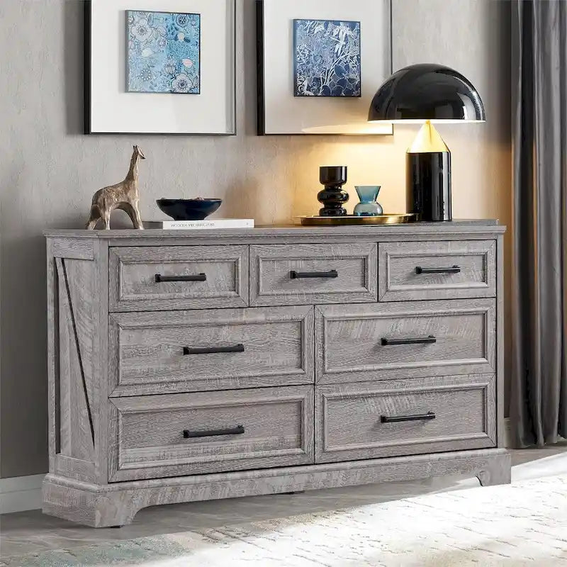 Commode à 7 tiroirs et meuble TV style ferme – Meuble de rangement rustique en grain de bois