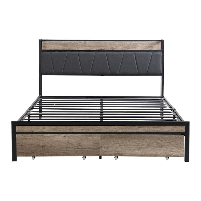 Lit plateforme en métal grand format avec tête de lit en bois et rangement sous le lit