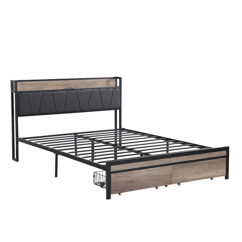 Lit plateforme en métal grand format avec tête de lit en bois et rangement sous le lit