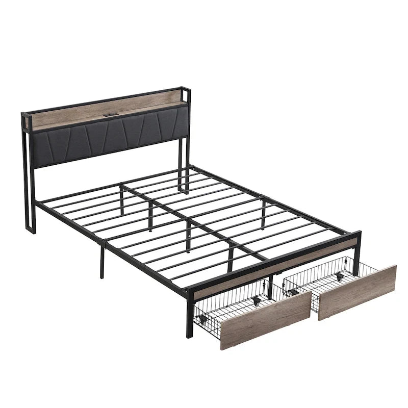 Lit plateforme en métal grand format avec tête de lit en bois et rangement sous le lit