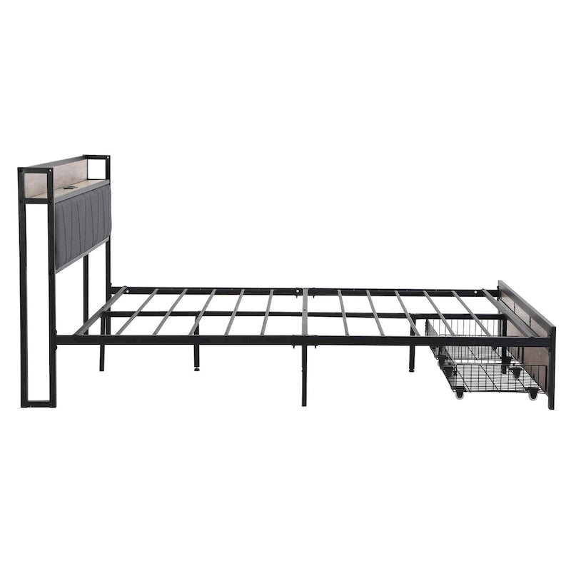Lit plateforme en métal grand format avec tête de lit en bois et rangement sous le lit