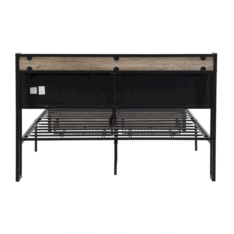 Lit plateforme en métal grand format avec tête de lit en bois et rangement sous le lit