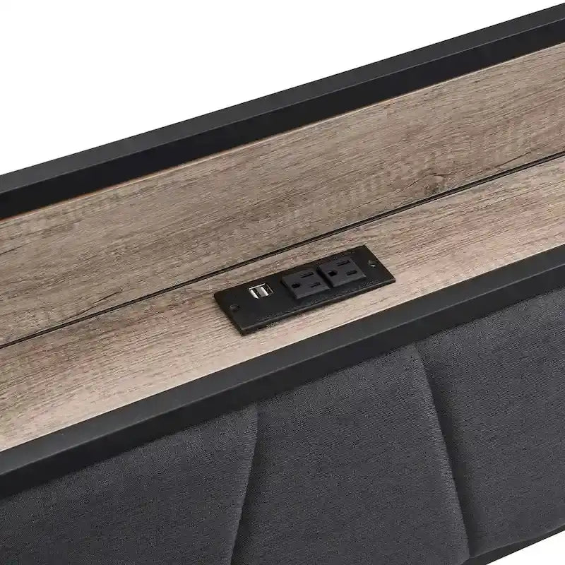 Lit plateforme en métal grand format avec tête de lit en bois et rangement sous le lit