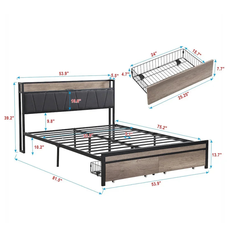 Lit plateforme en métal grand format avec tête de lit en bois et rangement sous le lit