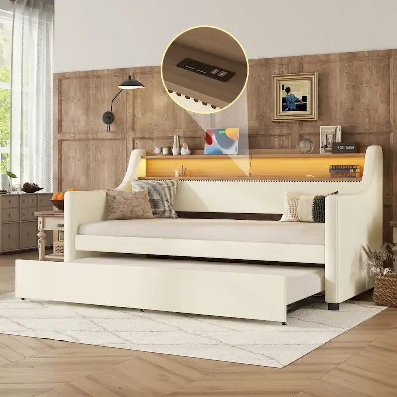White Twin Size Upholstered Daybed with Trundle and LED