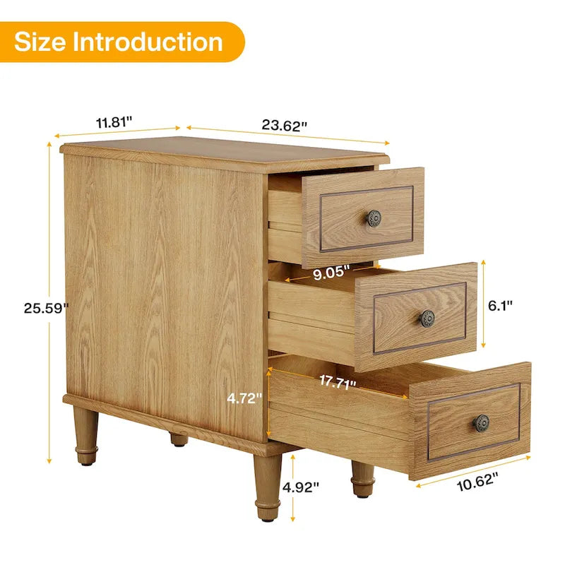 Table d'appoint étroite en bois massif avec 3 tiroirs – Entièrement assemblée
