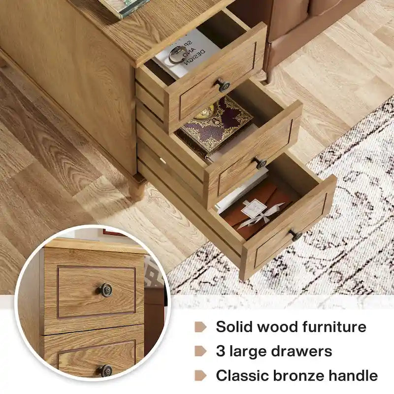 Table d'appoint étroite en bois massif avec 3 tiroirs – Entièrement assemblée