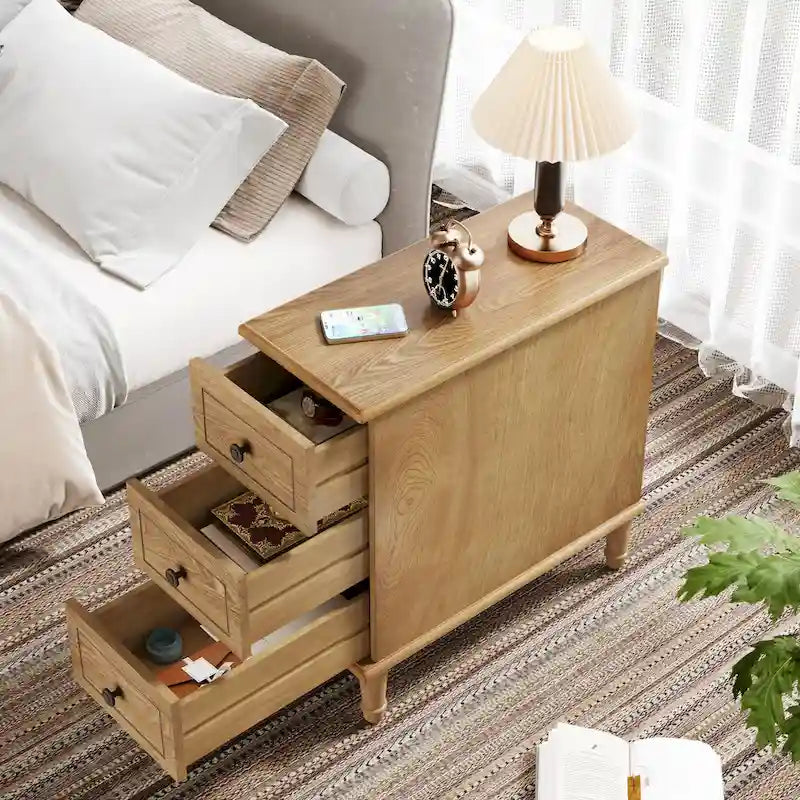 Table d'appoint étroite en bois massif avec 3 tiroirs – Entièrement assemblée