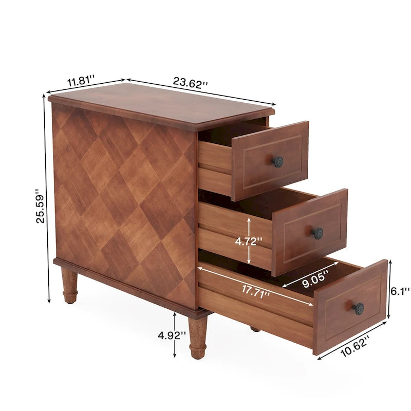 Table d'appoint étroite en bois massif avec 3 tiroirs – Entièrement assemblée