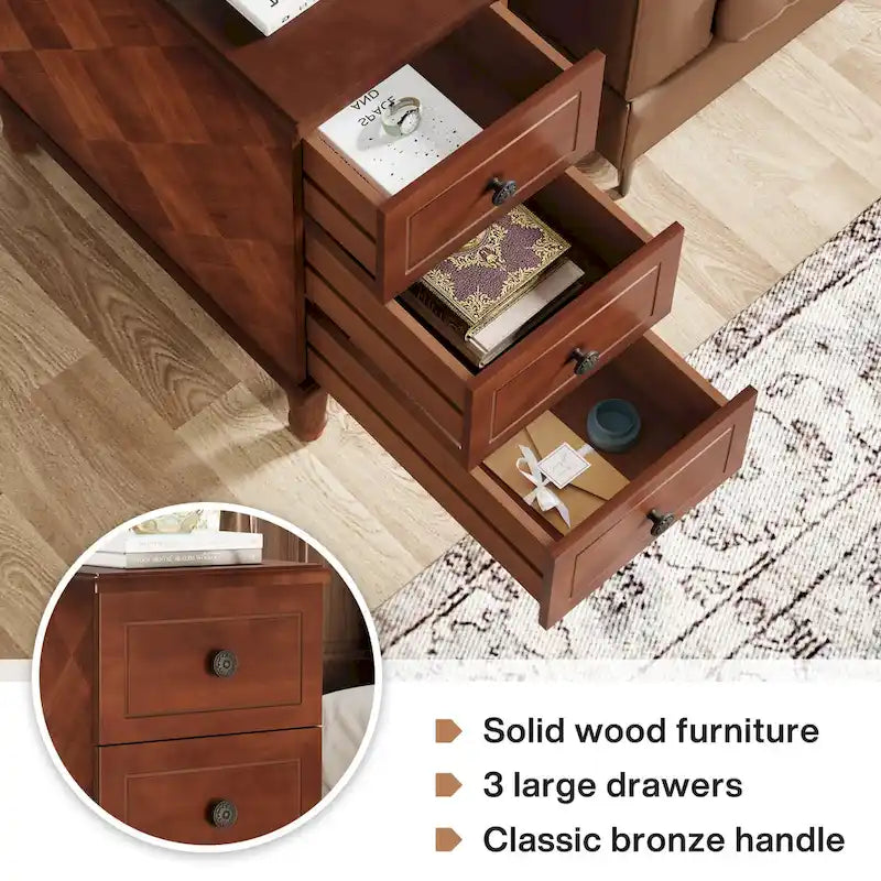 Table d'appoint étroite en bois massif avec 3 tiroirs – Entièrement assemblée