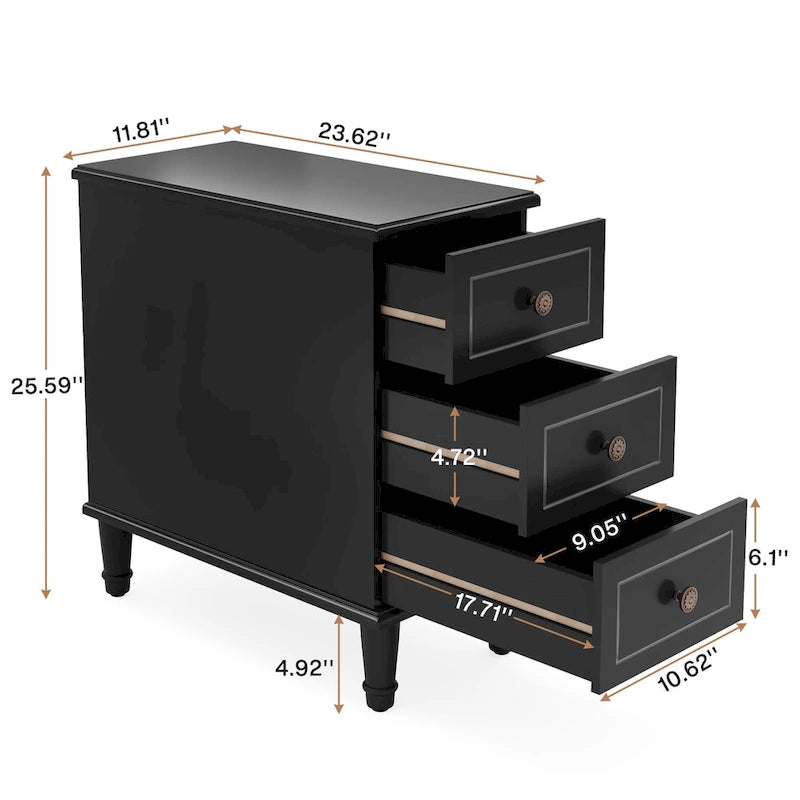 Table d'appoint étroite en bois massif avec 3 tiroirs – Entièrement assemblée