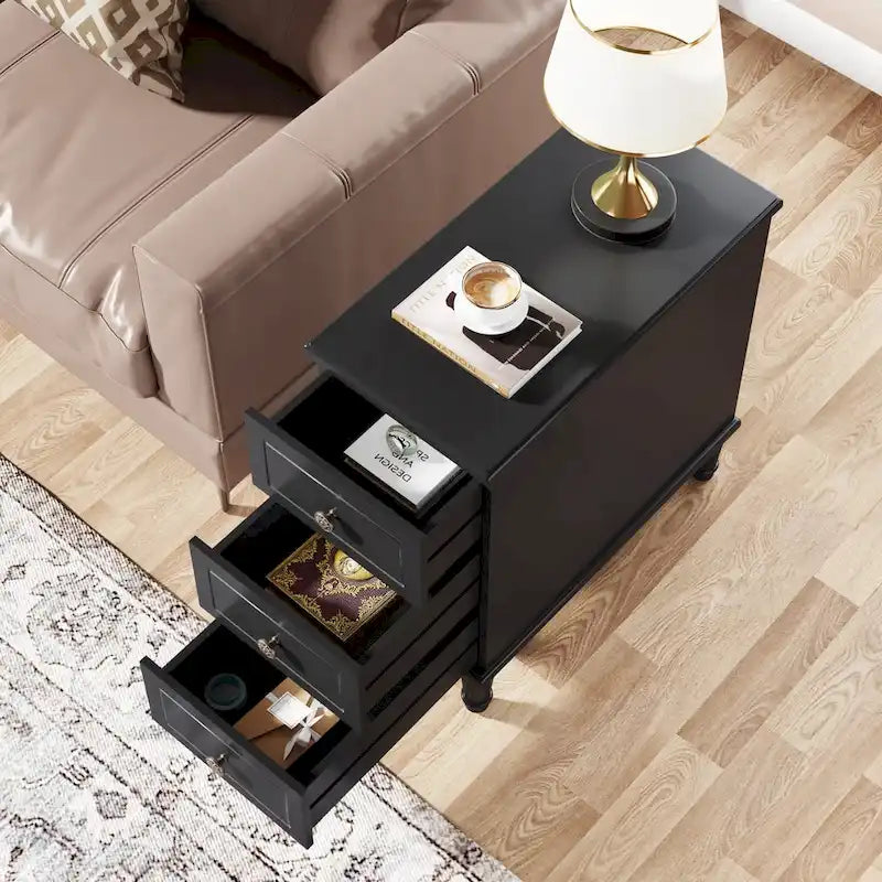 Table d'appoint étroite en bois massif avec 3 tiroirs – Entièrement assemblée