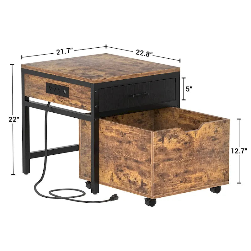 Mini Fridge Stand with Charge Station, Side/ End Table with Storage Drawers and Rolling Cabinet