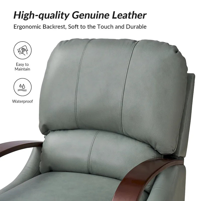Alex Mid-century Modern Cigar Genuine Leather Manual Recliner with Wooden Curved Arms