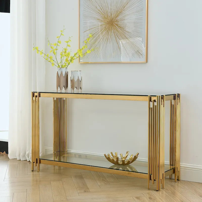 Narrow 2-tier Console Table with Gold Finished Metal Frame and Tempered Glass Top