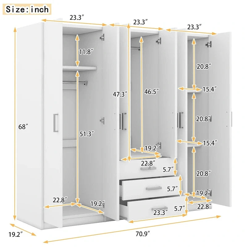 6-Doors Wooden Wardrobe Storage with 3 Big Drawers for Bedroom