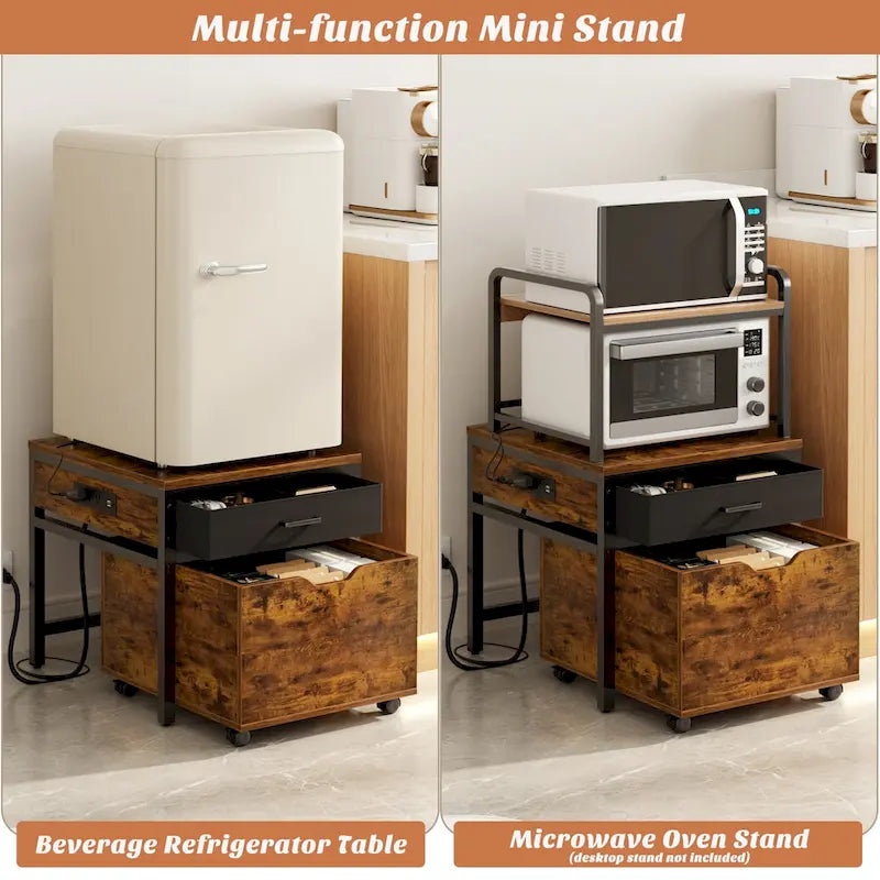 Mini Fridge Stand with Charge Station, Side/ End Table with Storage Drawers and Rolling Cabinet