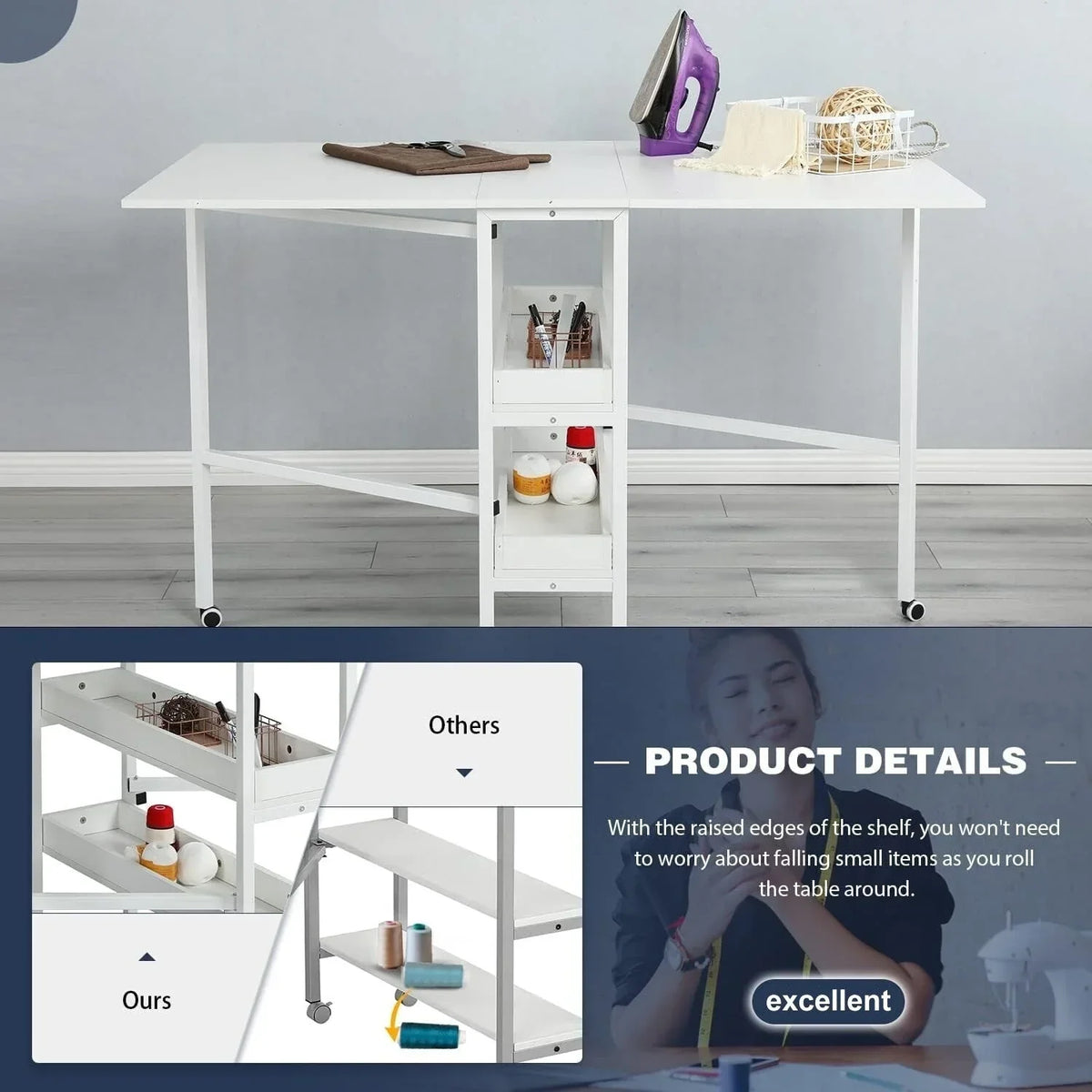 Height Adjustable Craft Table with Storage Shelves, Mobile Folding Cutting Table for Home Office Sewing Room Craft Room