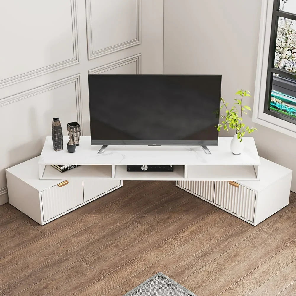 Modern White 2-Drawer Open Storage Corner TV Stand