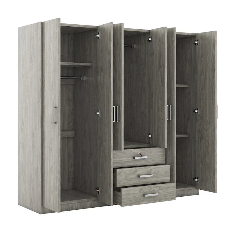 6-Doors Wooden Wardrobe Storage with 3 Big Drawers for Bedroom